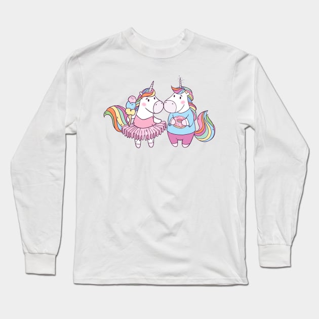 Unicorns in Love with Donut and Ice cream Long Sleeve T-Shirt by Olya Yatsenko